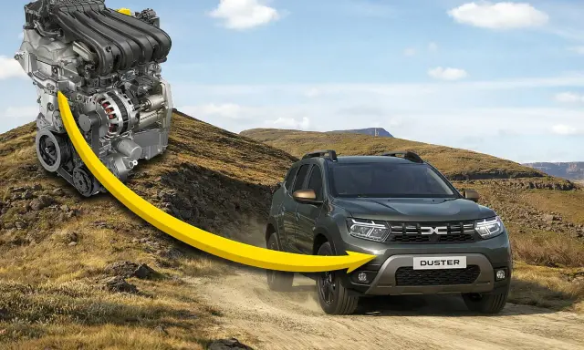 Silnik Dacia Duster 2 na tle górskiego krajobrazu. Żółta strzałka symbolizuje moc i dynamikę.