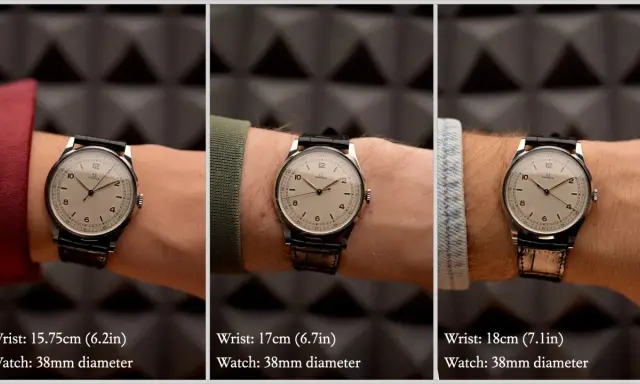 Tre polsi di diverse dimensioni (15.75, 17, 18 cm) con lo stesso orologio da 38mm. Utile per capire come si misura la cassa di un orologio.