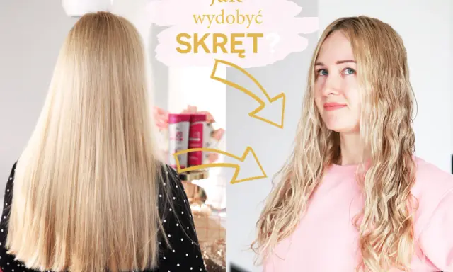 Blond włosy przed i po uzyskaniu pięknego skrętu. Strzałki wskazują transformację.