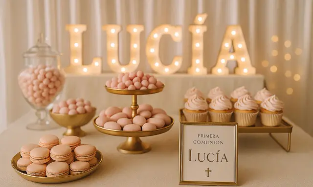 Detalles de gominolas para comunión de Lucía: macarons, almendras y cupcakes rosas. Letras luminosas con su nombre.