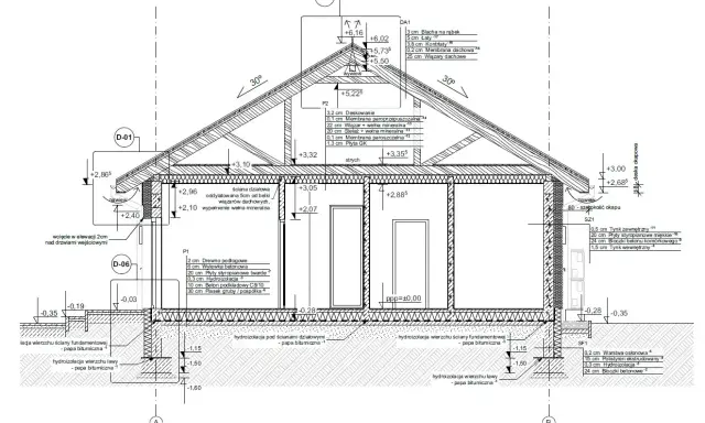 Przekrój przez budynek, szczegółowy projekt architektoniczno budowlany z opisem warstw izolacji i konstrukcji.
