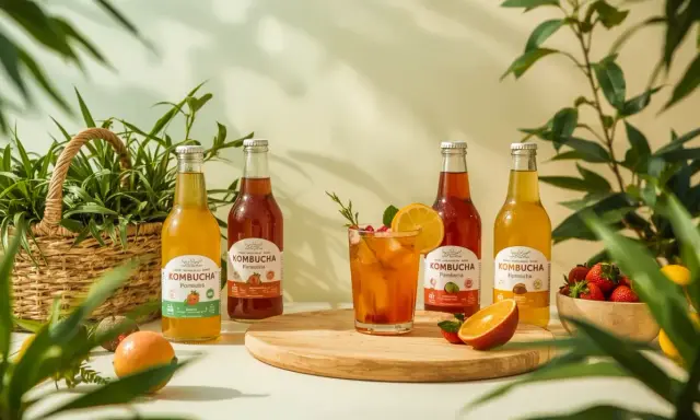 Butelki kombuchy i szklanka z napojem, otoczone owocami i zielenią. Odkryj kombucha właściwości dla zdrowia.