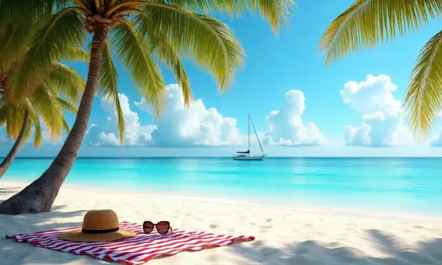 Idealne miejsce, gdzie lecieć w lutym: piaszczysta plaża, palmy, turkusowa woda i żaglówka na horyzoncie.