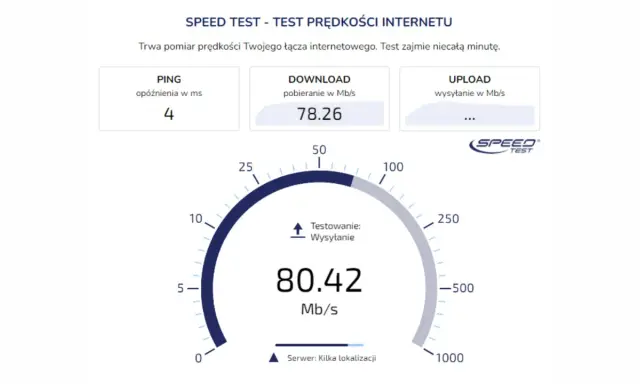 Wynik testu prędkości internetu: ping 4 ms, pobieranie 78.26 Mb/s, wysyłanie 80.42 Mb/s.