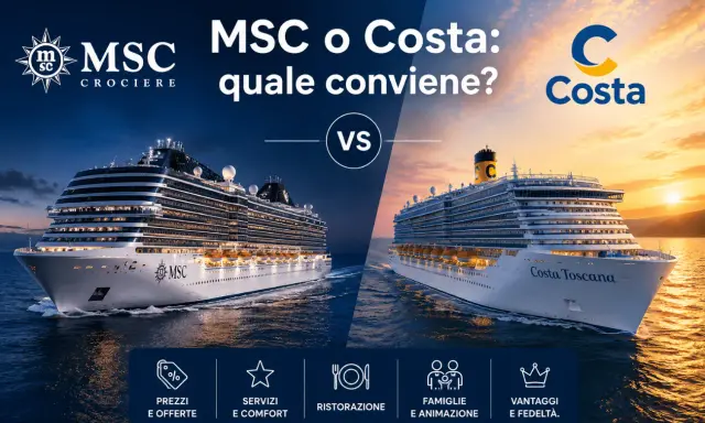 Confronto tra MSC e Costa per le migliori crociere. Due navi maestose, un mare di opzioni per prezzi, servizi, ristorazione e divertimento.