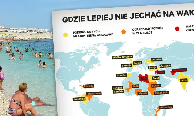Mapa świata z zaznaczonymi krajami, gdzie odradzane są wakacje. W tle plaża z ludźmi. Szukasz fajnych miejsc na wakacje za granicą? Sprawdź, gdzie lepiej nie jechać.