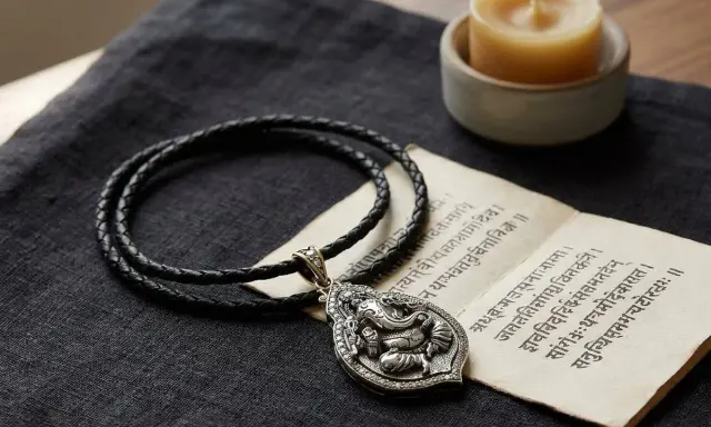 Ett silverhänge med Ganesha, om gam ganapataye namaha, på en flätad läderrem. Bredvid ligger en gammal text och ett ljus.