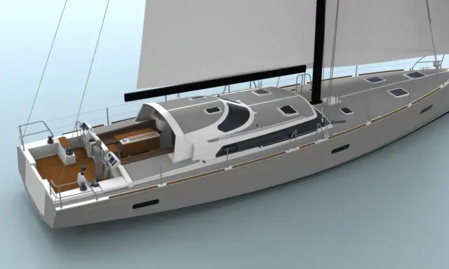 Voilier Boreal 70 moderne, avec une coque grise, un pont en teck et des voiles blanches déployées.