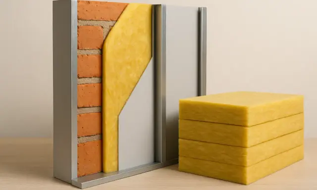 Sección de muro con ladrillos, aislamiento amarillo y panel gris. Bloques de aislamiento apilados, prometiendo un **cristal silence** en el hogar.