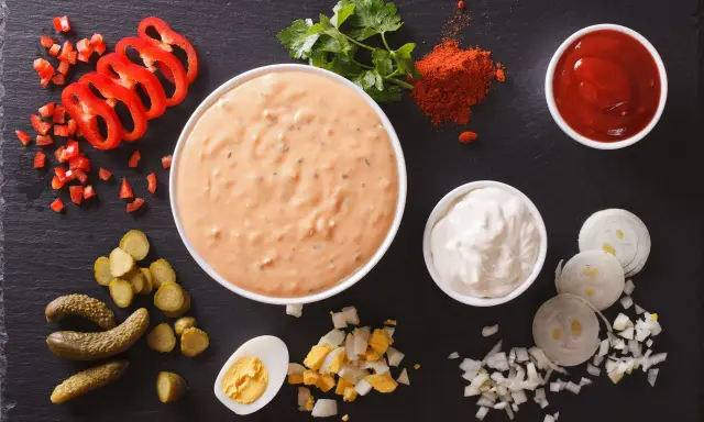 Składniki do sosu tysiąca wysp: majonez, ketchup, papryka, ogórki, jajko, cebula, natka.