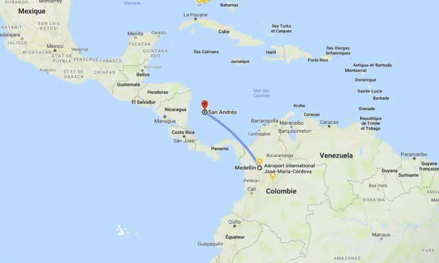 Trasa lotu z Medellín do San Andrés na mapie Ameryki Środkowej i Południowej.