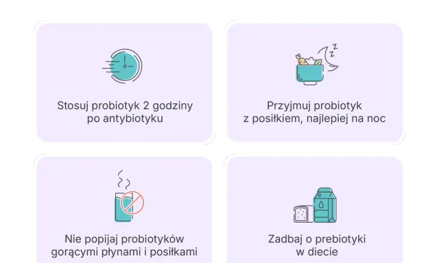 Jak długo brać probiotyk po antybiotyku? Stosuj go 2h po antybiotyku, z posiłkiem, najlepiej na noc. Nie popijaj gorącymi płynami. Zadbaj o prebiotyki.