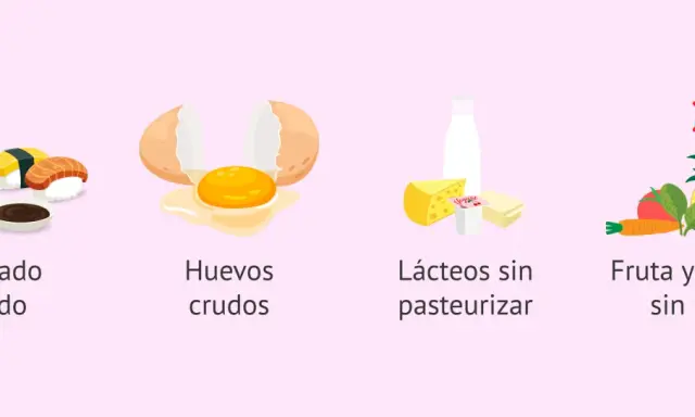 Alimentos que no puede comer una embarazada: pescado crudo, huevos crudos, lácteos sin pasteurizar y fruta/verdura sin lavar.