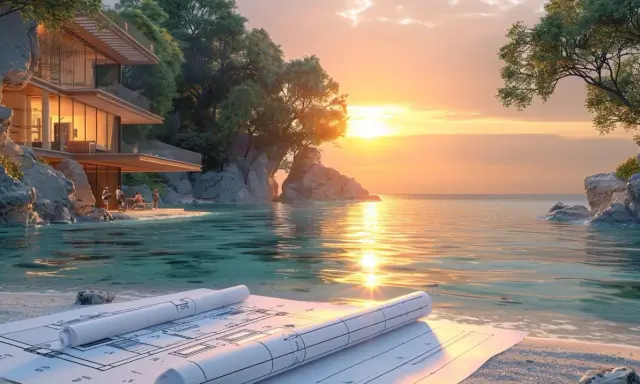Plans d'une villa moderne sur la plage, respectant la loi littoral distance, avec une vue sur la mer au coucher du soleil.