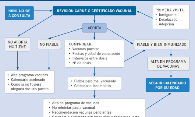 Diagrama de flujo para historial de vacunación. Si un niño de 15 meses acude a consulta, se revisa su carné. Si no lo aporta, se le da alta en programa de vacunas.