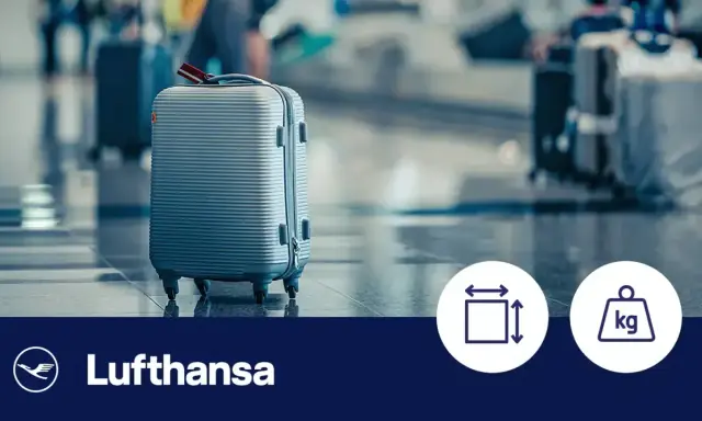 Srebrna walizka podręczna na lotnisku, obok logo Lufthansa i ikon wymiarów oraz wagi.