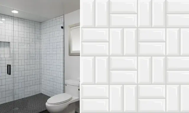 Modern bathroom with shower and toilet, showcasing creative formas de colocar azulejos rectangulares grandes en un patrón de espiga y ladrillo.