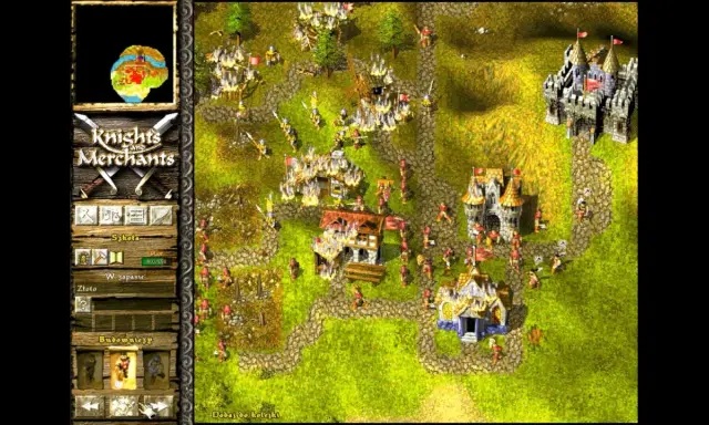 Gra Knights and Merchants: rycerze i kupcy budują zamki, walczą i handlują na zielonych wzgórzach.