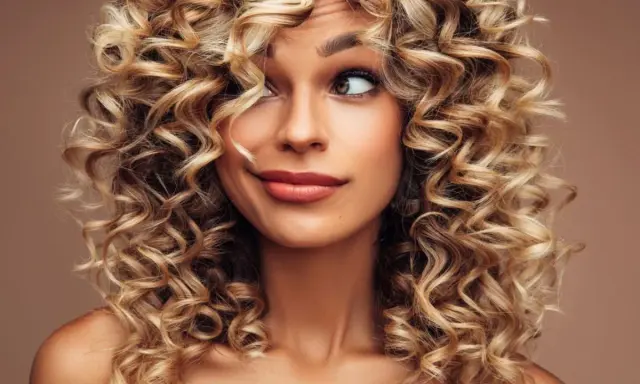 Kobieta z burzą blond loków do ramion. Jej fryzury włosy kręcone do ramion dodają jej uroku i pewności siebie.