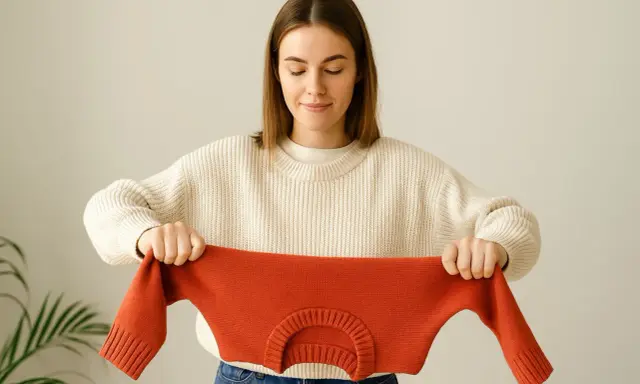 Kobieta trzyma pomarańczowy sweter, pokazując, jak uratować skurczony sweter z wełny.