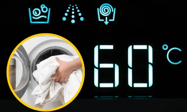 W jakiej temperaturze prać bawełnę? Na wyświetlaczu pralki 60°C, a ręka wkłada białe pranie.