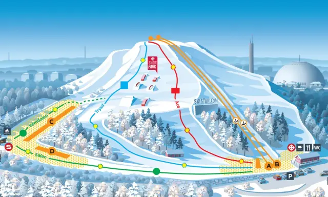 Karta över skidområden i Sverige med pister märkta Vemdalen, Sälen, Trysil och Åre. En snöpark finns på toppen.