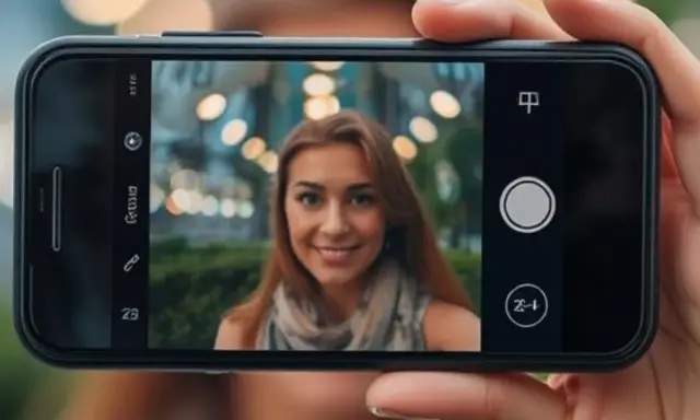 Una mujer sonríe mientras se toma un selfie. El fondo desenfocado con luces crea un efecto bokeh que es.