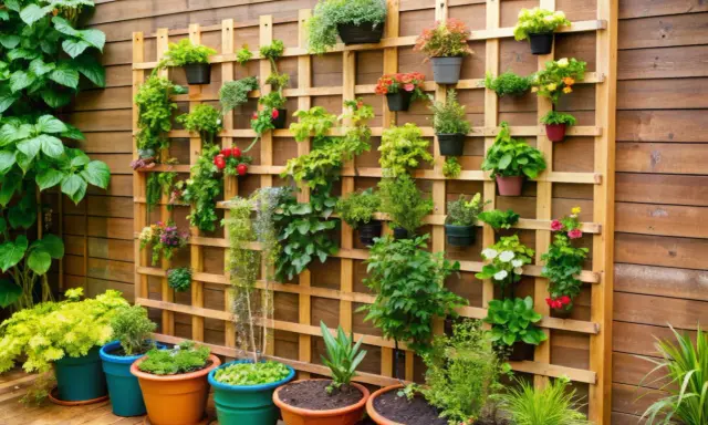 Un hermoso jardín vertical DIY con muchas plantas verdes y flores rojas y amarillas en macetas de colores, colgadas en una estructura de madera.