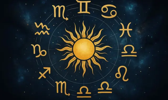 Złoty horoskop tygodniowy baran miłosny. Słońce w centrum, otoczone znakami zodiaku na tle kosmosu.