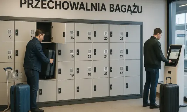 Nowoczesna przechowalnia bagażu Katowice PKP. Mężczyzna chowa walizkę do szafki, inny korzysta z terminala.
