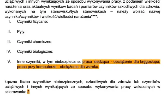 Skierowanie na badania lekarskie: opis czynników szkodliwych w pracy, w tym praca siedząca i przy komputerze.