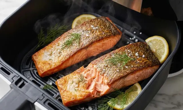 Zwei saftige Lachsfilets mit knuspriger Haut, garniert mit Dill und Zitrone, dampfen im Airfryer.