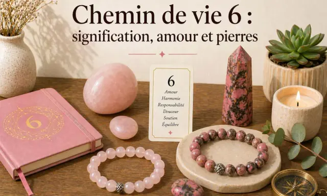 Ambiance zen avec des pierres roses, un carnet et une carte "Chemin de vie 6". La symbolique du 6 est explorée à travers l'amour, l'harmonie et le soutien.