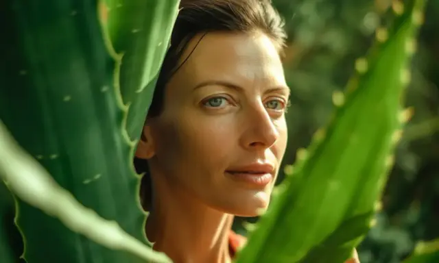 Donna con pelle luminosa tra foglie di aloe vera, un esempio di come applicare aloe vera sulla pelle per un effetto naturale e rinfrescante.