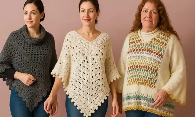 Tres mujeres lucen ponchos de crochet. El del centro, un patrón poncho abierto crochet color crema, es el más destacado.