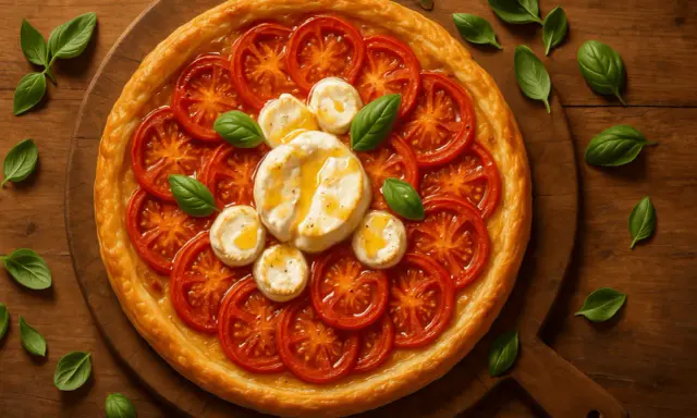Tarte tomate chèvre, une pâte dorée garnie de rondelles de tomates juteuses et de fromage de chèvre fondant, parsemée de feuilles de basilic frais.