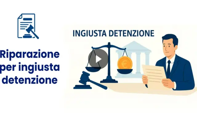 Illustrazione che simboleggia il risarcimento per ingiusta detenzione: bilancia della giustizia con moneta euro, martelletto e avvocato.