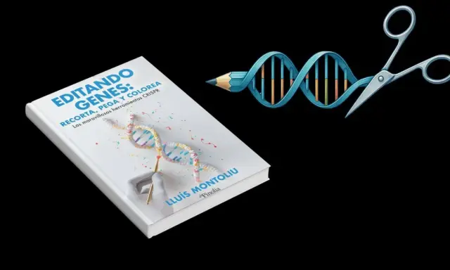 Libro "Editando Genes" para niños, con un ADN ilustrado y herramientas de edición genética.