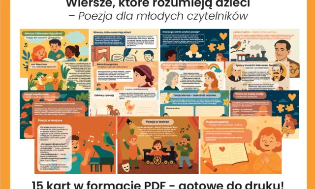 Ilustracja przedstawia kolaż z portretami poetów, dzieci czytających wiersze i motywami związanymi z poezją.