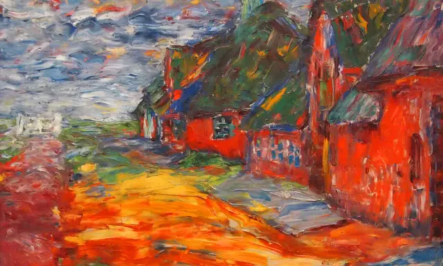 Färgstark oljemålning av röda hus med gröna tak, en väg i orange och gult. Kanske ett verk av Emil, tysk målare, som fångar en livlig stämning.