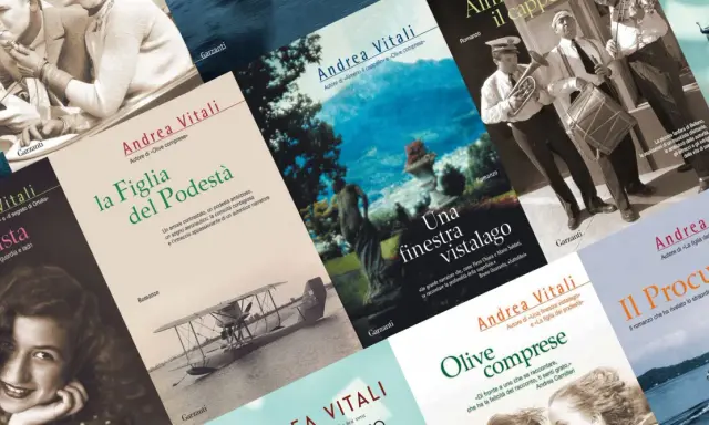 Copertine di Andrea Vitali in ordine cronologico: "La figlia del podestà", "Una finestra vistalago", "Olive comprese", "Il procuratore".