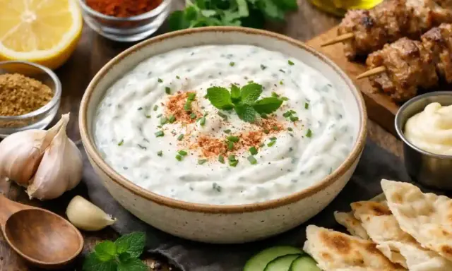 Un bol de sauce blanche kebab crémeuse, garnie d'herbes fraîches et d'épices. À côté, des brochettes de viande, du pain pita et des concombres.