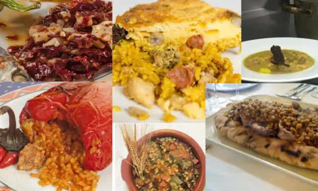 Collage de platos que representan la comida típica de Alicante: arroz con carne, pimientos rellenos, guiso y más.