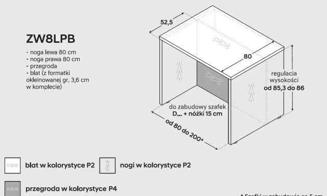 Schemat modułu kuchennego ZW8LPB. Wymiary: głębokość 52,5 cm, blat 80 cm. Regulacja wysokości od 85,3 do 86 cm. Szerokość wyspy kuchennej od 80 do 200 cm.