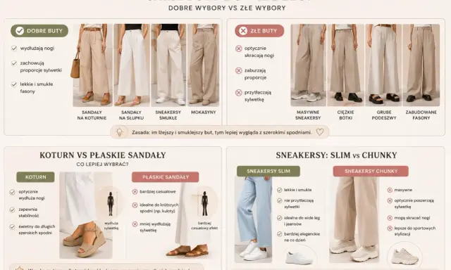 Dobre buty do szerokich spodni wydłużają nogi i zachowują proporcje sylwetki. Wybieraj lekkie i smukłe fasony, które podkreślą długość nogawki.