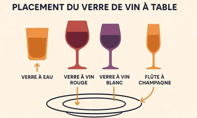 Placement des verres à table : verre à eau, verre à vin rouge, verre à vin blanc, flûte à champagne.