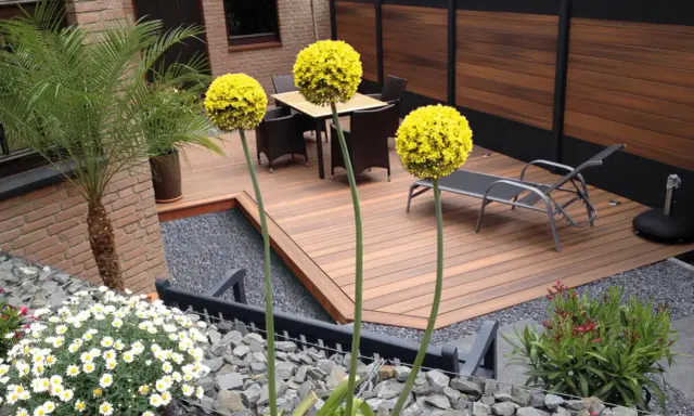Giardino moderno con deck in legno, ghiaia e fiori gialli. Ottime idee giardino senza prato per un'oasi di relax.