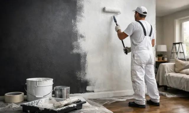 Un peintre en salopette blanche est en train de repeindre un mur de couleur foncée en blanc, à l'aide d'un rouleau.