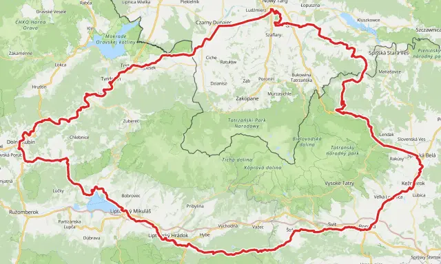 Wyznaczony czerwony szlak wokół Tatr, biegnący przez polskie i słowackie tereny, obejmuje m.in. Nowy Targ, Zakopane, Tatrzański Park Narodowy i Wysokie Tatry.