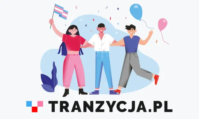 Trzech przyjaciół świętuje, jeden z nich trzyma flagę transpłciową. Dowiedz się, czym jest ftm i wspieraj tranzycję.